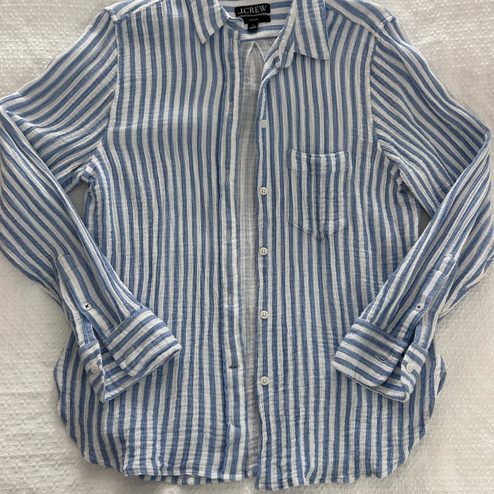 J. Crew Light Blue and White Striped Casual Shirt